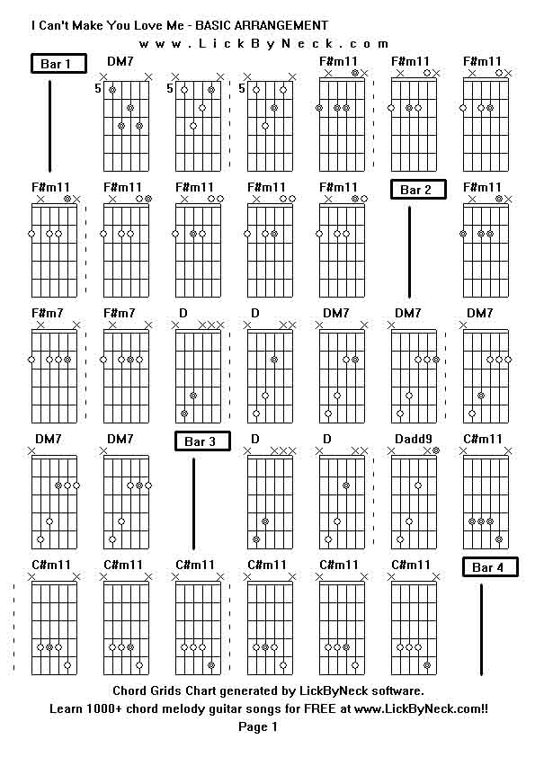 Chord Grids Chart of chord melody fingerstyle guitar song-I Can't Make You Love Me - BASIC ARRANGEMENT,generated by LickByNeck software.
